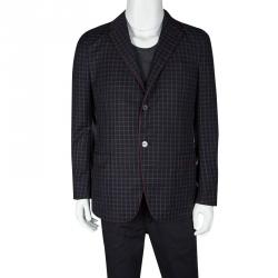 Gucci Navy Blue Checkered Wool Contrast Piping Detail Regular Fit Blazer L