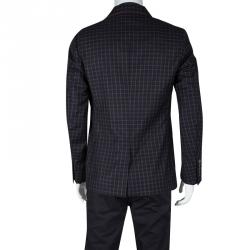 Gucci Navy Blue Checkered Wool Contrast Piping Detail Regular Fit Blazer L