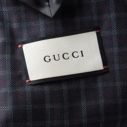 Gucci Navy Blue Checkered Wool Contrast Piping Detail Regular Fit Blazer L
