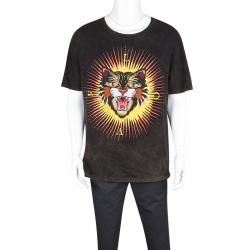 Gucci Brown Tiger Motif Distressed Effect Short Sleeve T-Shirt XL