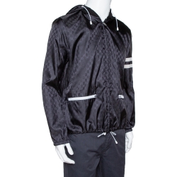 Gucci Black Logo Pattern Stripe Detail Hooded Shell Jacket XL