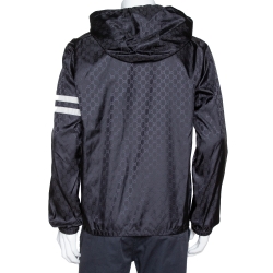 Gucci Black Logo Pattern Stripe Detail Hooded Shell Jacket XL