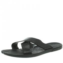 Gucci Black Guccissima Leather Cross Strap Slide Sandals Size 45