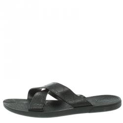 Gucci Black Guccissima Leather Cross Strap Slide Sandals Size 45