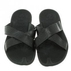 Gucci Black Guccissima Leather Cross Strap Slide Sandals Size 45