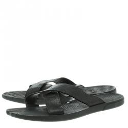 Gucci Black Guccissima Leather Cross Strap Slide Sandals Size 45