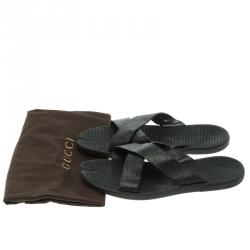 Gucci Black Guccissima Leather Cross Strap Slide Sandals Size 45
