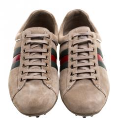 Gucci Beige Suede Web Detail Sneakers Size 42.5