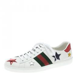Gucci White Leather Ace Metallic Stars Low Top Sneakers Size 46.5
