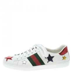 Gucci White Leather Ace Metallic Stars Low Top Sneakers Size 46.5