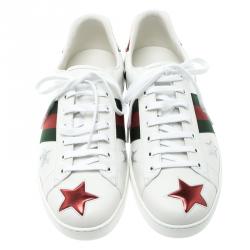 Gucci White Leather Ace Metallic Stars Low Top Sneakers Size 46.5
