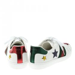 Gucci White Leather Ace Metallic Stars Low Top Sneakers Size 46.5