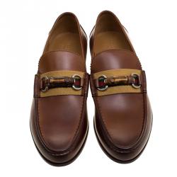 Pre Owned Gucci Brown Leather Bamboo Horsebit Web Detail Loafers Size 41