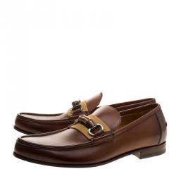 Pre Owned Gucci Brown Leather Bamboo Horsebit Web Detail Loafers Size 41