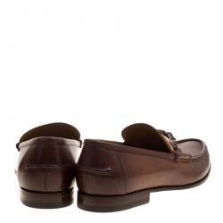 Pre Owned Gucci Brown Leather Bamboo Horsebit Web Detail Loafers Size 41