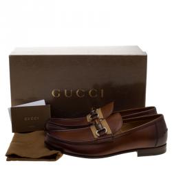 Pre Owned Gucci Brown Leather Bamboo Horsebit Web Detail Loafers Size 41