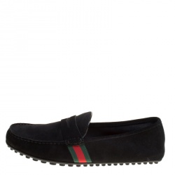 Gucci Black Suede Web Trim Detail Loafers Size 46.5