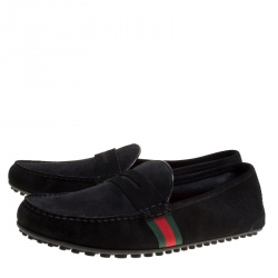 Gucci Black Suede Web Trim Detail Loafers Size 46.5