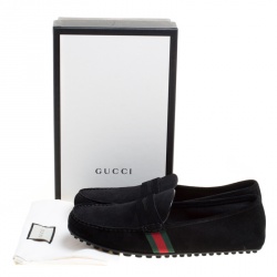 Gucci Black Suede Web Trim Detail Loafers Size 46.5