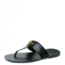 مملوكة مسبقًا Gucci Black Leather GG Thong Slipper Sandals Size 42 