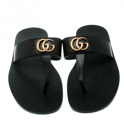 مملوكة مسبقًا Gucci Black Leather GG Thong Slipper Sandals Size 42 