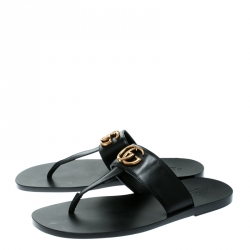 مملوكة مسبقًا Gucci Black Leather GG Thong Slipper Sandals Size 42 