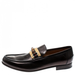 Gucci Brown Leather Bamboo Horsebit Slip On Loafers Size 44.5