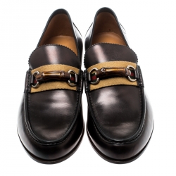 Gucci Brown Leather Bamboo Horsebit Slip On Loafers Size 44.5