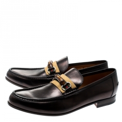 Gucci Brown Leather Bamboo Horsebit Slip On Loafers Size 44.5