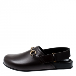 Gucci Brown Leather River Horsebit Slippers Size 42