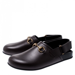 Gucci Brown Leather River Horsebit Slippers Size 42