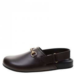 Gucci Brown Leather River Horsebit Slippers Size 43