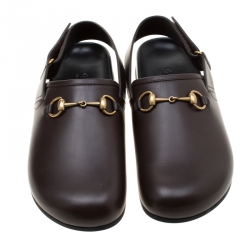 Gucci Brown Leather River Horsebit Slippers Size 43