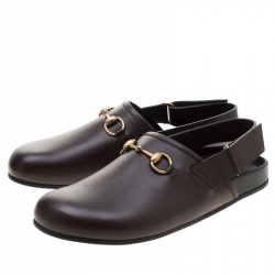 Gucci Brown Leather River Horsebit Slippers Size 43