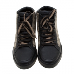 Pre Owned حذاء رياضي غوتشي جلد أسود و GG سوبريم بعنق مرتفع مقاس 42.5