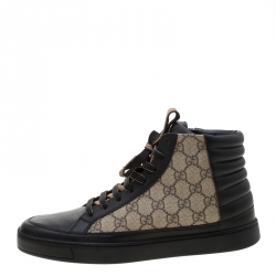 Pre Owned حذاء رياضي غوتشي جلد أسود و GG سوبريم بعنق مرتفع مقاس 42.5