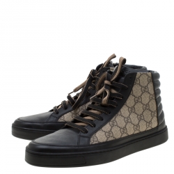 Pre Owned حذاء رياضي غوتشي جلد أسود و GG سوبريم بعنق مرتفع مقاس 42.5