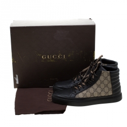 Pre Owned حذاء رياضي غوتشي جلد أسود و GG سوبريم بعنق مرتفع مقاس 42.5