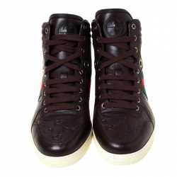 Gucci Brown Guccissima Leather Web Detail Lace High Top Sneaker Size 42.5