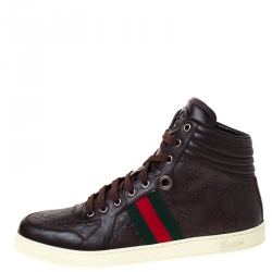 Gucci Brown Guccissima Leather Web Detail Lace High Top Sneaker Size 42.5