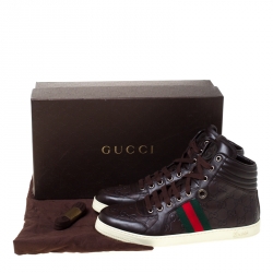 Gucci Brown Guccissima Leather Web Detail Lace High Top Sneaker Size 42.5