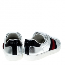 Gucci Silver Leather and Python Trim Web Detail Ace Sneakers Size 40.5