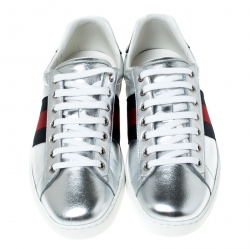 Gucci Silver Leather and Python Trim Web Detail Ace Sneakers Size 40.5