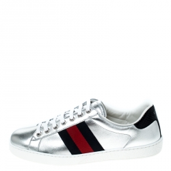 Gucci Silver Leather and Python Trim Web Detail Ace Sneakers Size 40.5