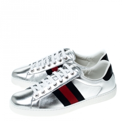 Gucci Silver Leather and Python Trim Web Detail Ace Sneakers Size 40.5
