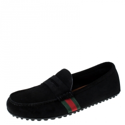 Gucci Black Suede Web Detail Slip On Loafers Size 40