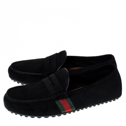 Gucci Black Suede Web Detail Slip On Loafers Size 40