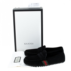 Gucci Black Suede Web Detail Slip On Loafers Size 40