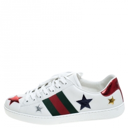 Pre Owned حذاء رياضي غوتشي بحافة منخفضة آيس نجوم ميتاليك جلد أبيض مقاس 41