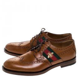 Pre Owned  Gucci Brown Leather Bee Web Detail Lace Up Brogue Oxfords Size 41.5